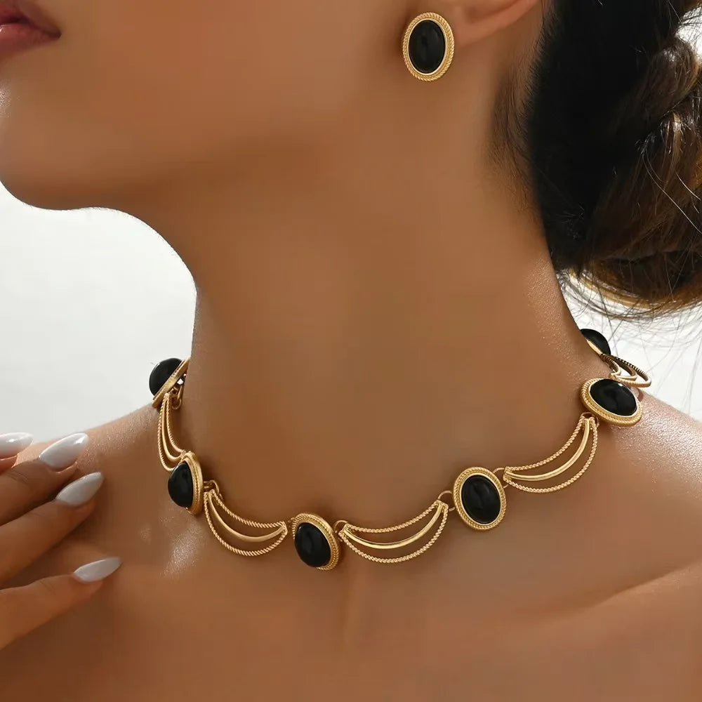 Elegant Gold and Black Jewelry Set with Oval Gemstones Choker Style Necklace and Matching Earrings Trendy Fashion Accessory