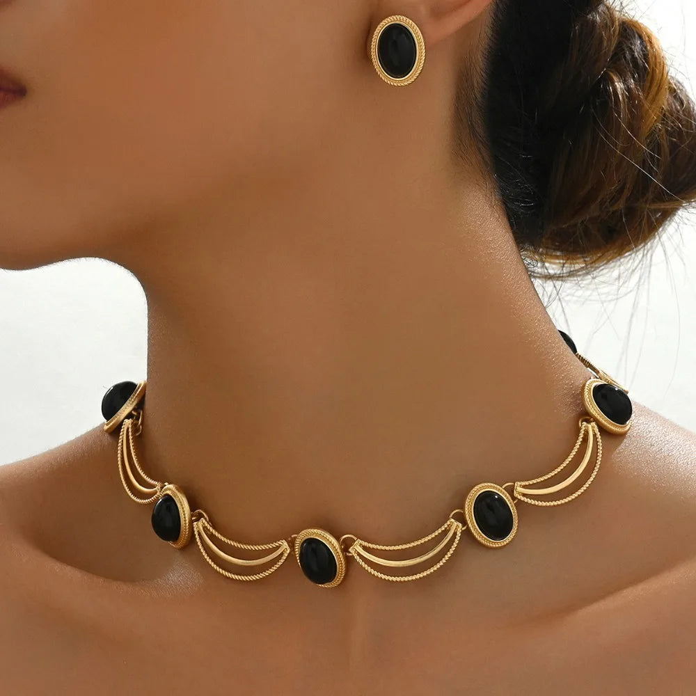 Elegant Gold and Black Jewelry Set with Oval Gemstones Choker Style Necklace and Matching Earrings Trendy Fashion Accessory