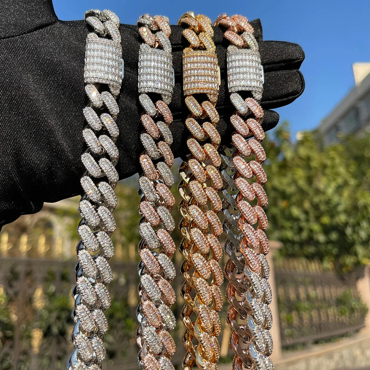 Bubble Letter Iced Out 15mm Miami Cuban Link Chain for Men Micro Pave Prong Setting Baguette Choker Necklace Hip Hop Jewelry