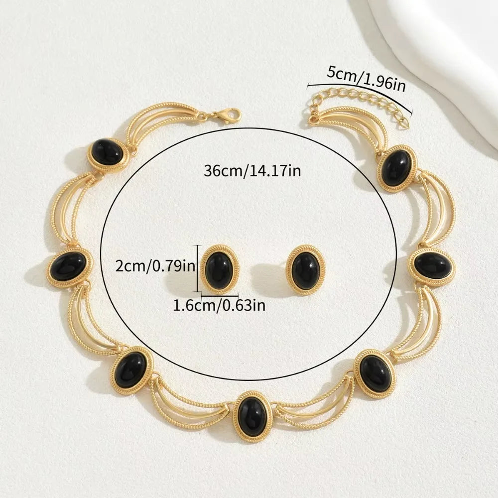 Elegant Gold and Black Jewelry Set with Oval Gemstones Choker Style Necklace and Matching Earrings Trendy Fashion Accessory