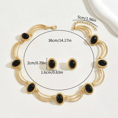 Elegant Gold and Black Jewelry Set with Oval Gemstones Choker Style Necklace and Matching Earrings Trendy Fashion Accessory